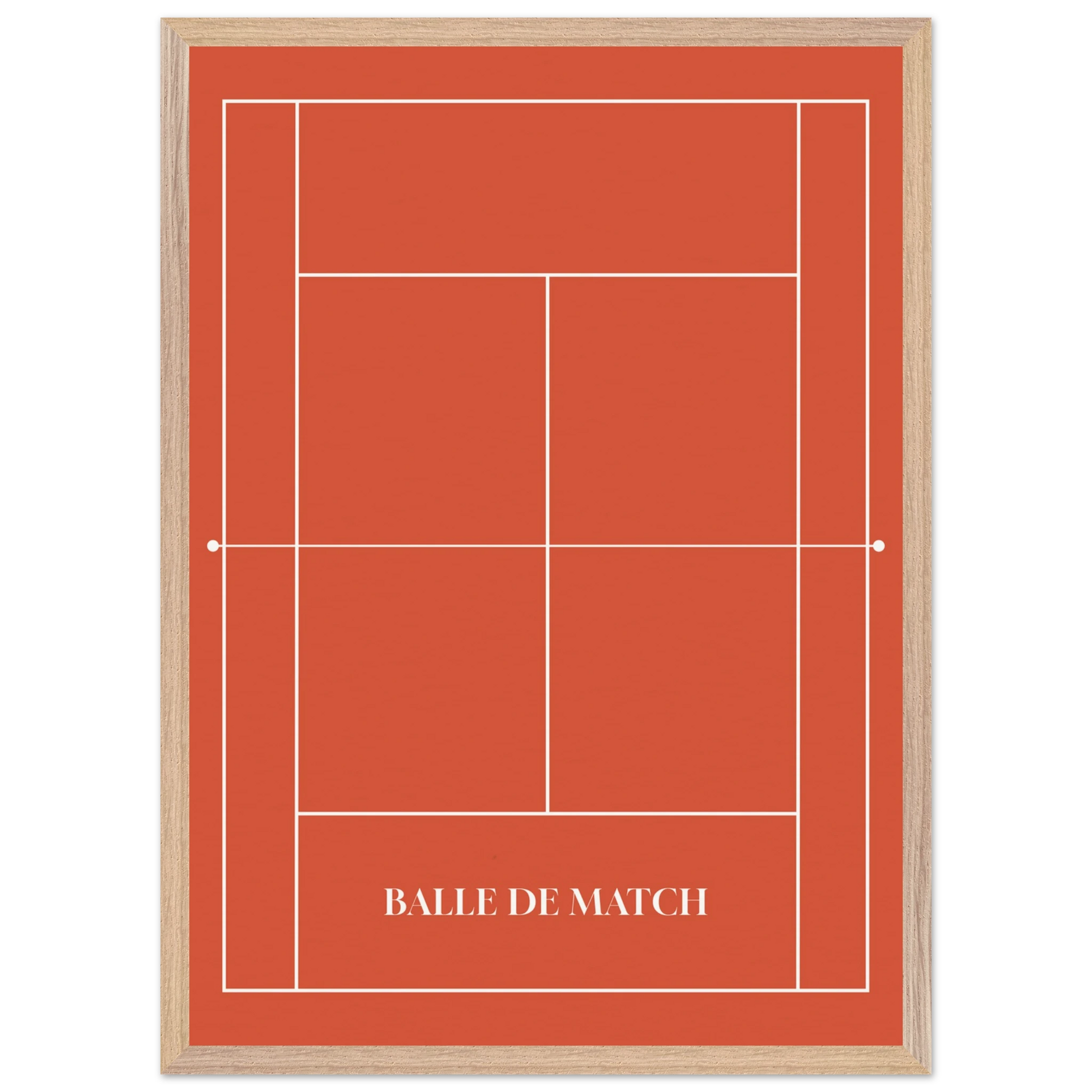 Affiche encadrée Balle de match – terrain de tennis en terre battue avec lignes blanches et typographie centrale – art mural minimaliste signé skøne