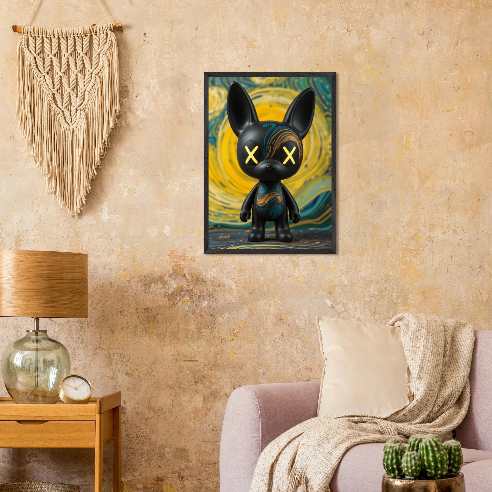 Affiche encadrée Nocturne Tourbillonnant – Skøne noir aux yeux X jaunes et pelage tourbillonnant bleu-vert-or – fond étoilé – art mural par Skøne