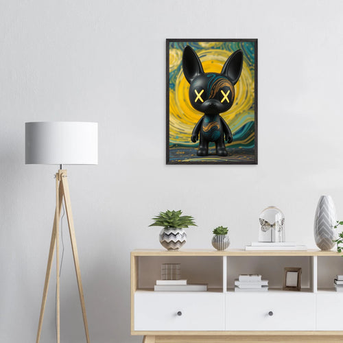 Affiche encadrée Nocturne Tourbillonnant – Skøne noir aux yeux X jaunes et pelage tourbillonnant bleu-vert-or – fond étoilé – art mural par Skøne