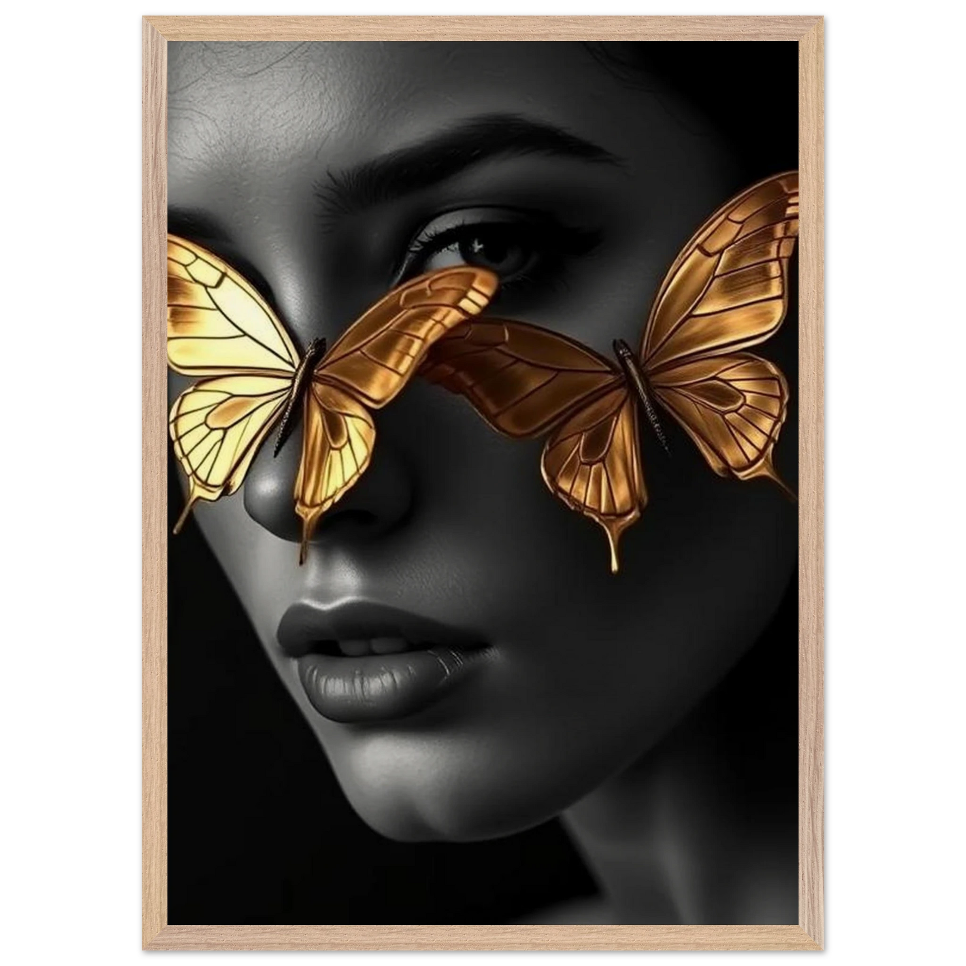 Affiche encadrée Papillons d’Or – portrait femme noir et blanc avec papillons dorés devant les yeux – décoration murale Skøne