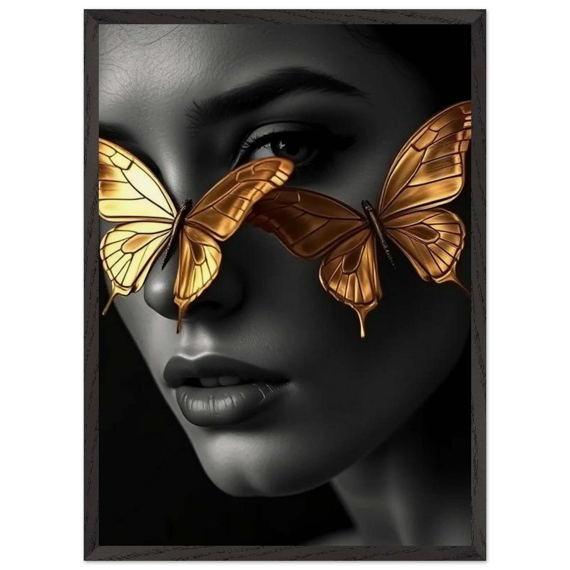 Affiche encadrée Papillons d’Or – portrait femme noir et blanc avec papillons dorés devant les yeux – décoration murale Skøne