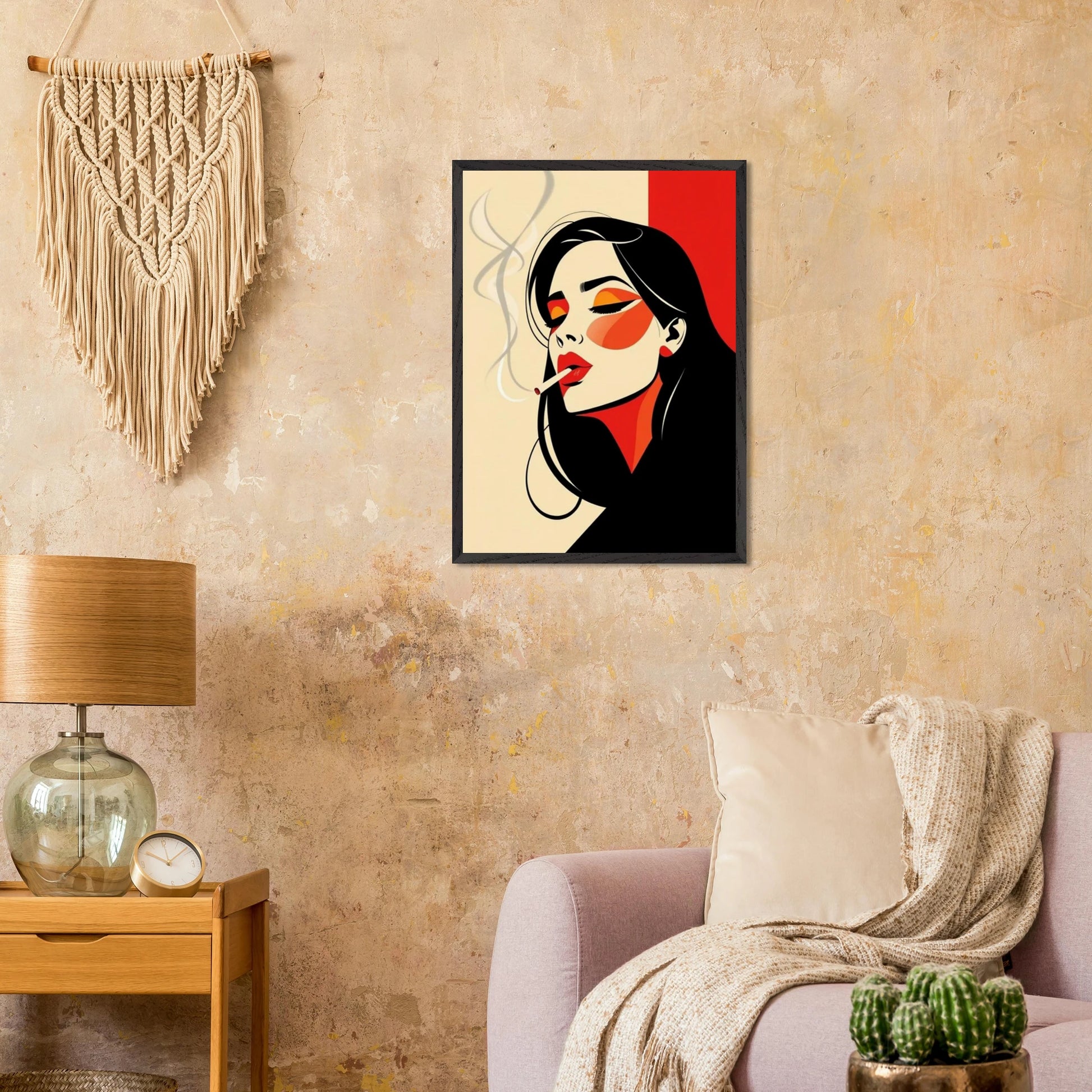 Affiche encadrée Portrait Bauhaus – femme stylisée avec cigarette à la bouche – art mural graphique et moderne inspiré du Bauhaus par Skøne