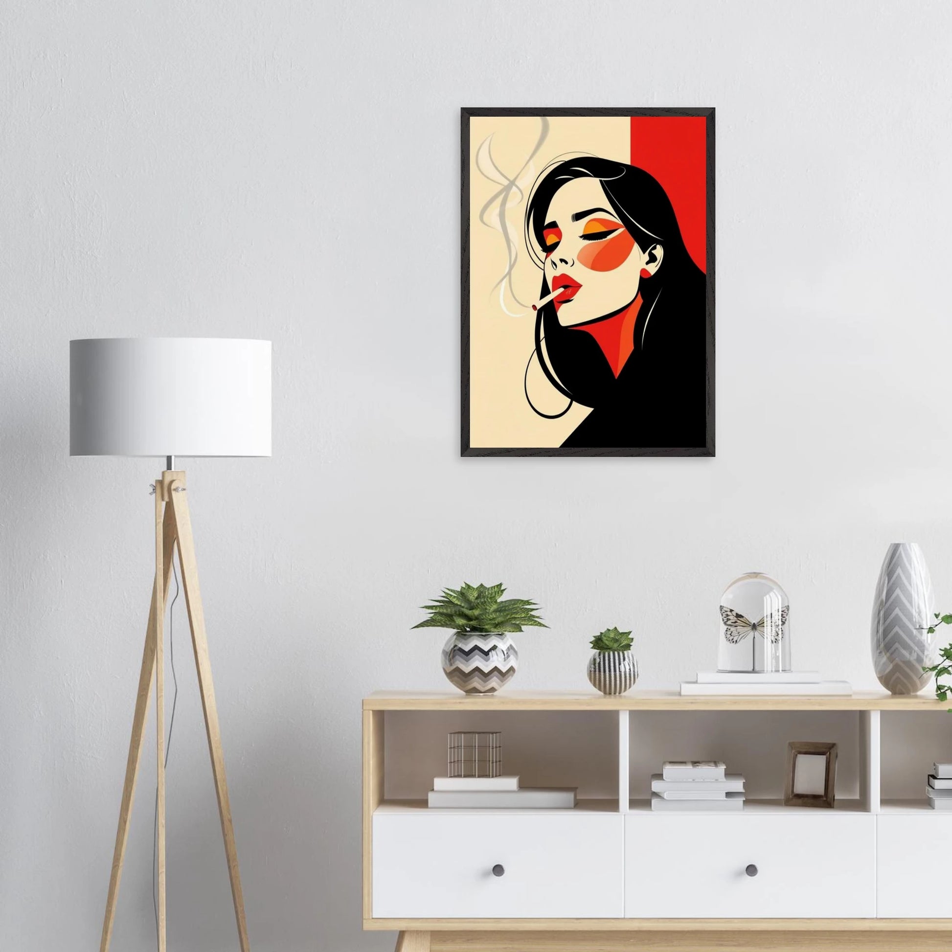Affiche encadrée Portrait Bauhaus – femme stylisée avec cigarette à la bouche – art mural graphique et moderne inspiré du Bauhaus par Skøne