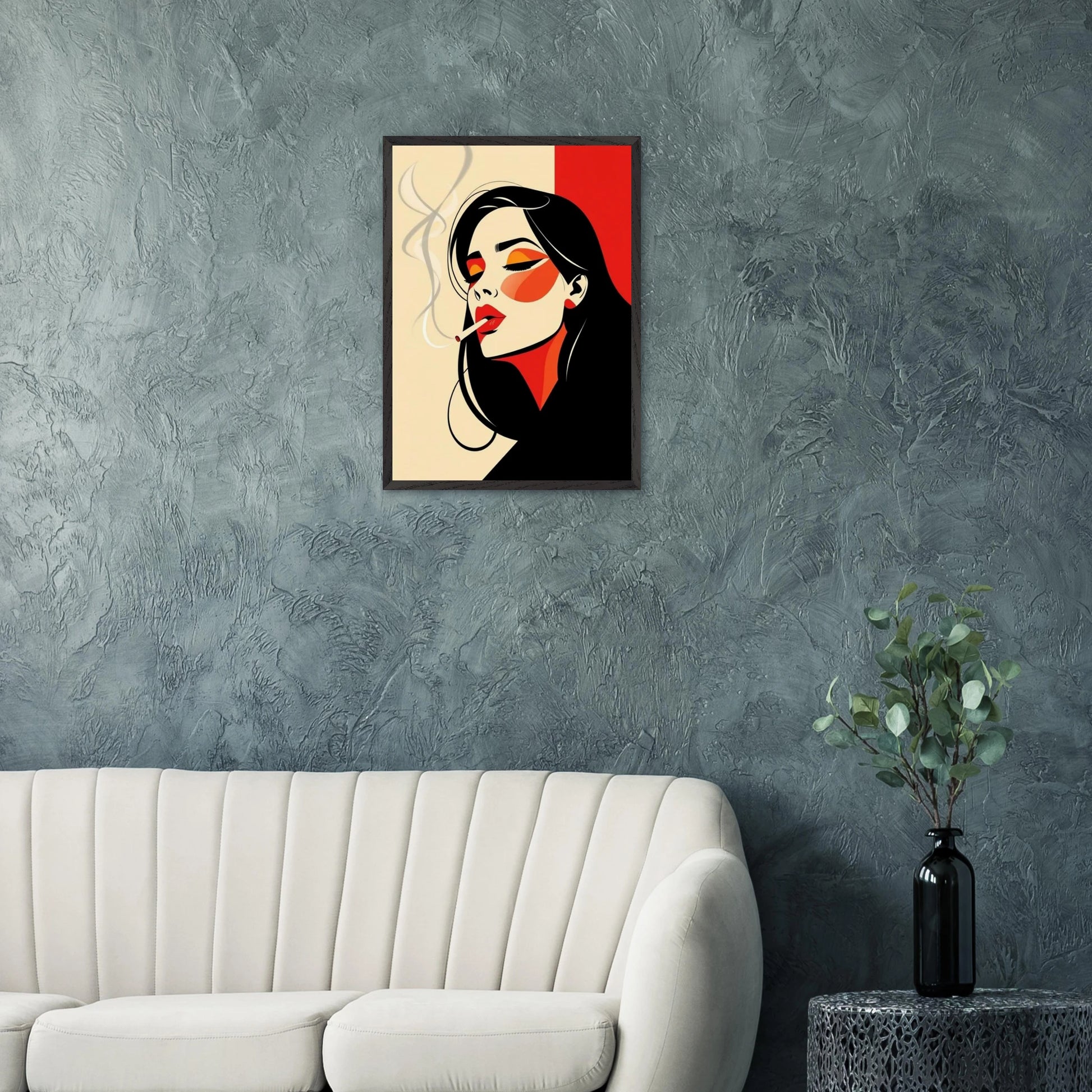 Affiche encadrée Portrait Bauhaus – femme stylisée avec cigarette à la bouche – art mural graphique et moderne inspiré du Bauhaus par Skøne